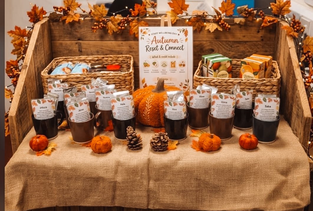 Tiny Toez – East Staffs autumn table with a personalised mug for each team member
