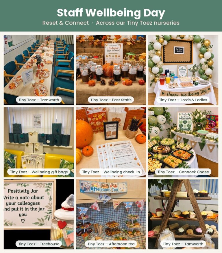 Tiny Toez Staff Wellbeing Day – a collage of photos from across our nurseries