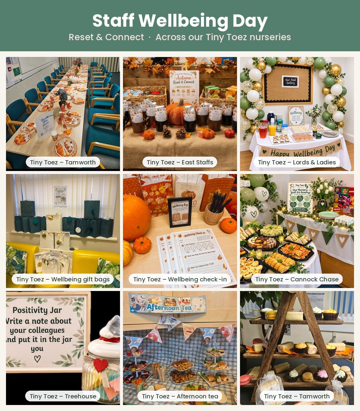 Tiny Toez Staff Wellbeing Day – a collage of photos from across our nurseries